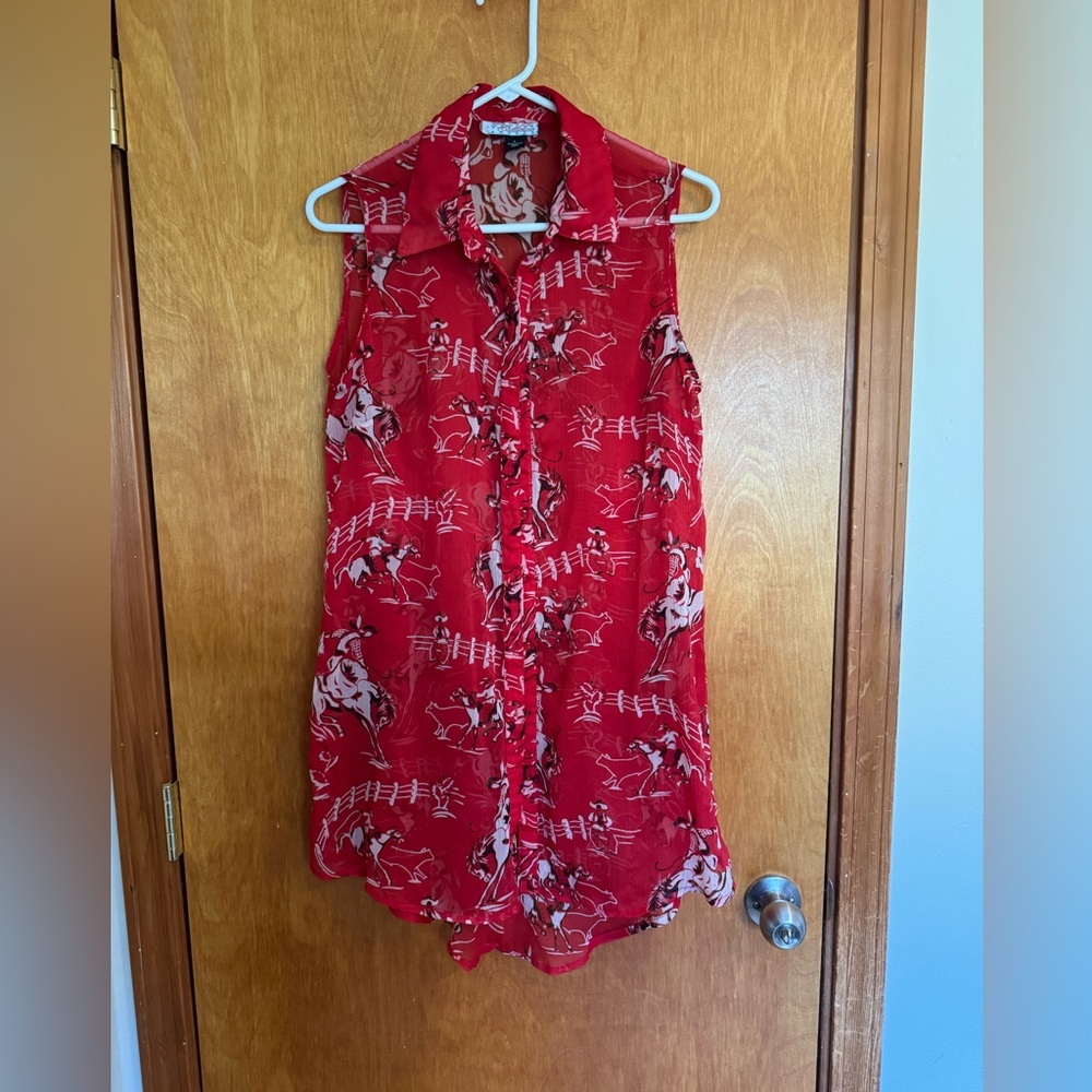 Vibrant Red Sleeveless Button-Down Shirt